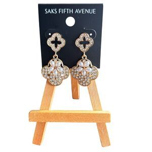 Saks Fifth Avenue Gold Tone Clover Floral Rhinestone Drop Earrings